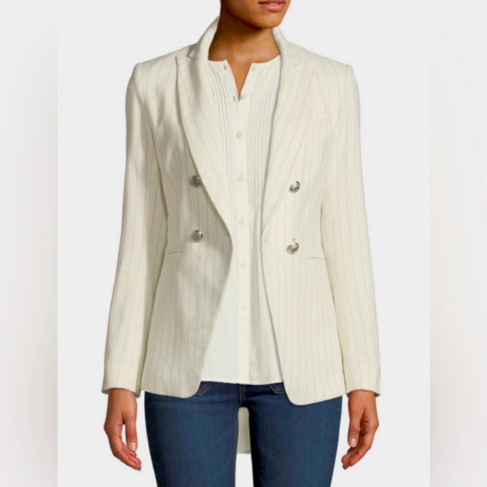 Veronica Beard Apollo Linen Blazer Jacket Women's 2 White Blue Pinstripe